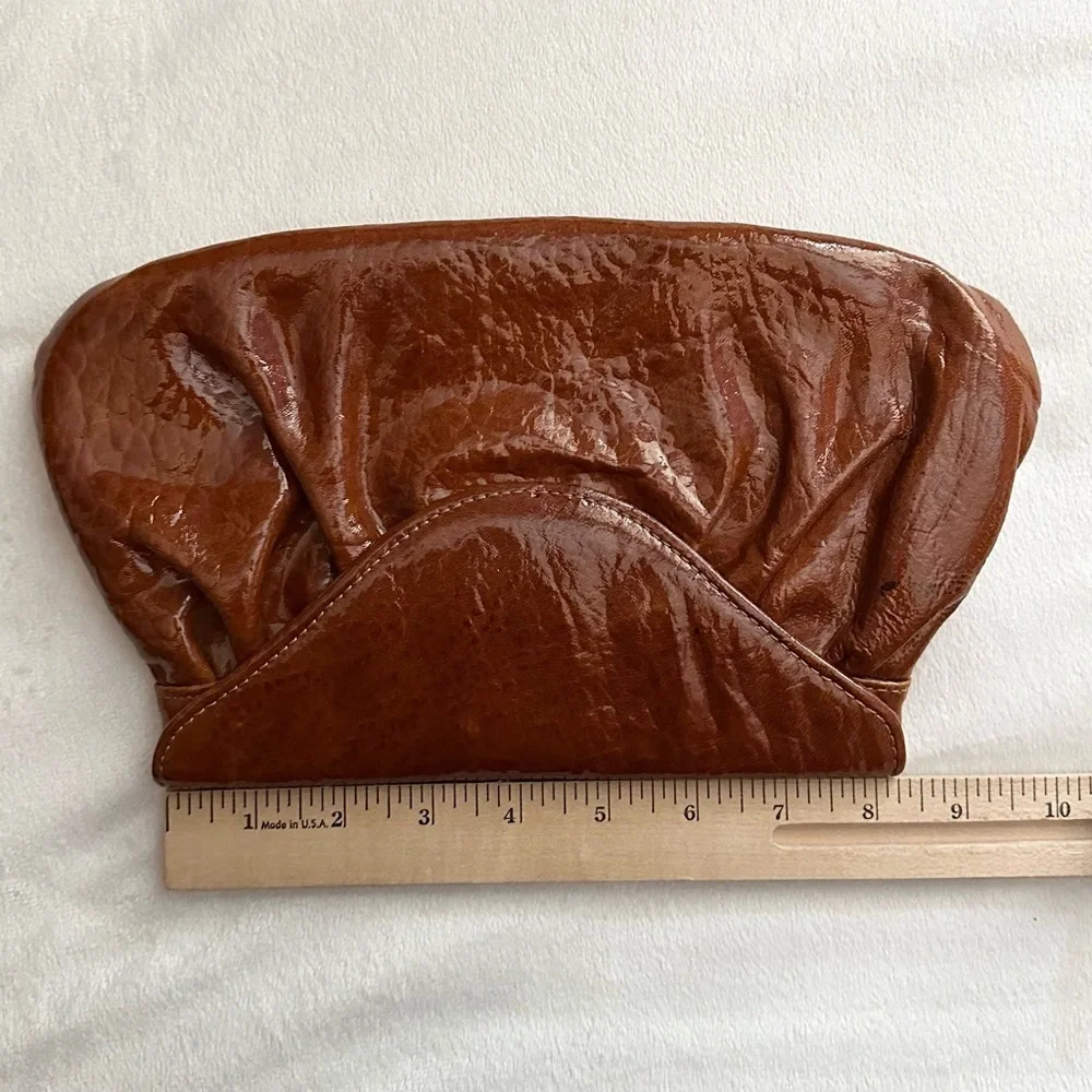 Lauren Merkin Caramel Cognac Brown Clutch Purse Envelope Closure Shiny Chic